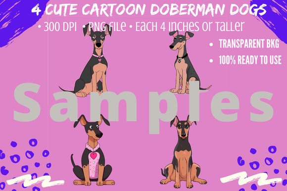 4 Cute Doberman Pincher Cartoon Clipart for Your Projects