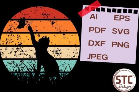 Cat & Butterfly Silhouette Retro Sunset: A Modern Design Asset