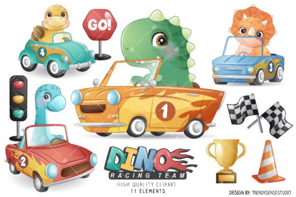 Doodle Dinosaurs Racing Clipart: A Whimsical Design Asset