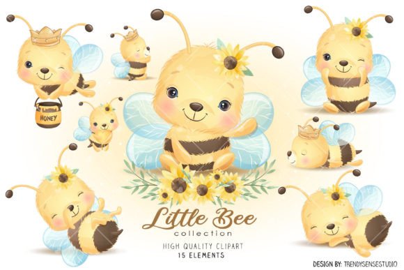 Little Bees Collection Clipart: Whimsical Watercolor Design