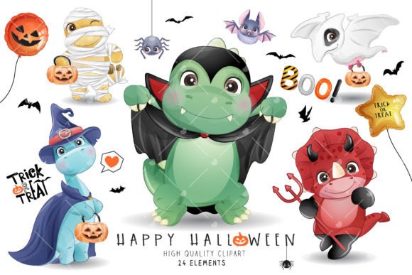 Spooky & Sweet: Doodle Dinosaurs Halloween Clipart for Your Projects