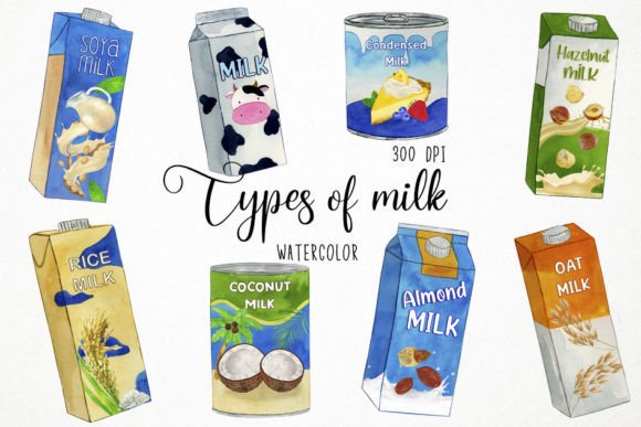Watercolor Milks Clipart: Refreshing Vegetal Milks Design Assets
