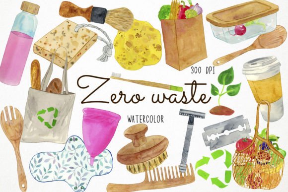 Watercolor Zero Waste Clipart: Recycle Your Design Projects
